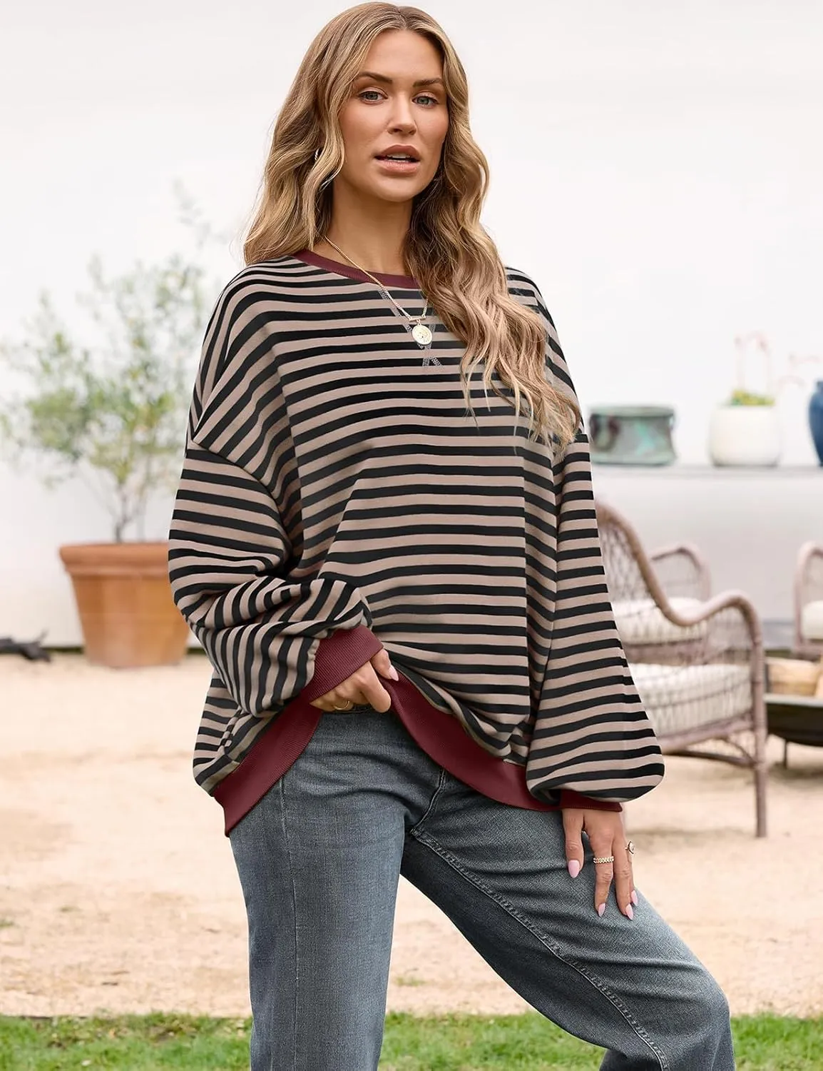 Women Oversized Striped Crewneck Sweatshirt Long Sleeve Color Block Pullover Tops Casual Loose Workout Shirt