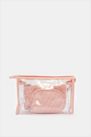 Women Pink Printed Cosmetic Pouch Set (3 Piece)