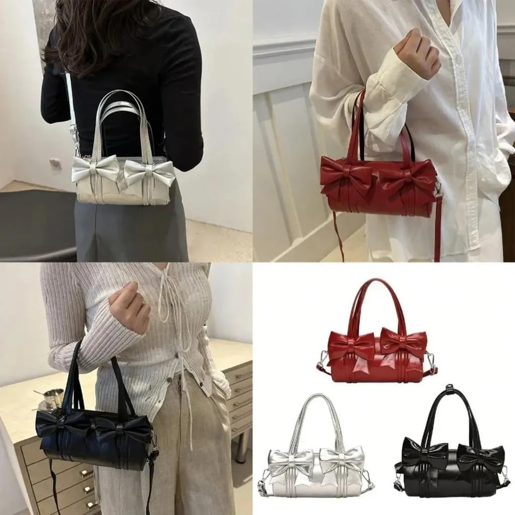 Women Underarm Bag Korean Styles Shoulder Bag PU 1eather Crossbody Bag Lovely Bows Messenger Bag Handheld Cylinder Bag