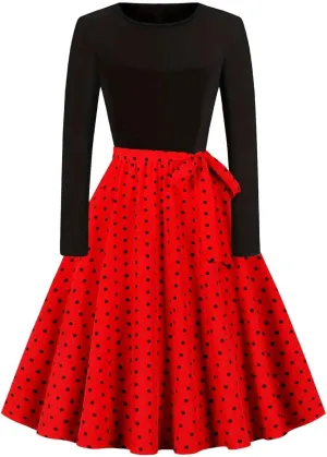 Women Vintage Polka Dot 1950s Audrey Retro Rockabilly Prom Dress Causal Long Sleeve Ruffle Club Party Cocktail Dress