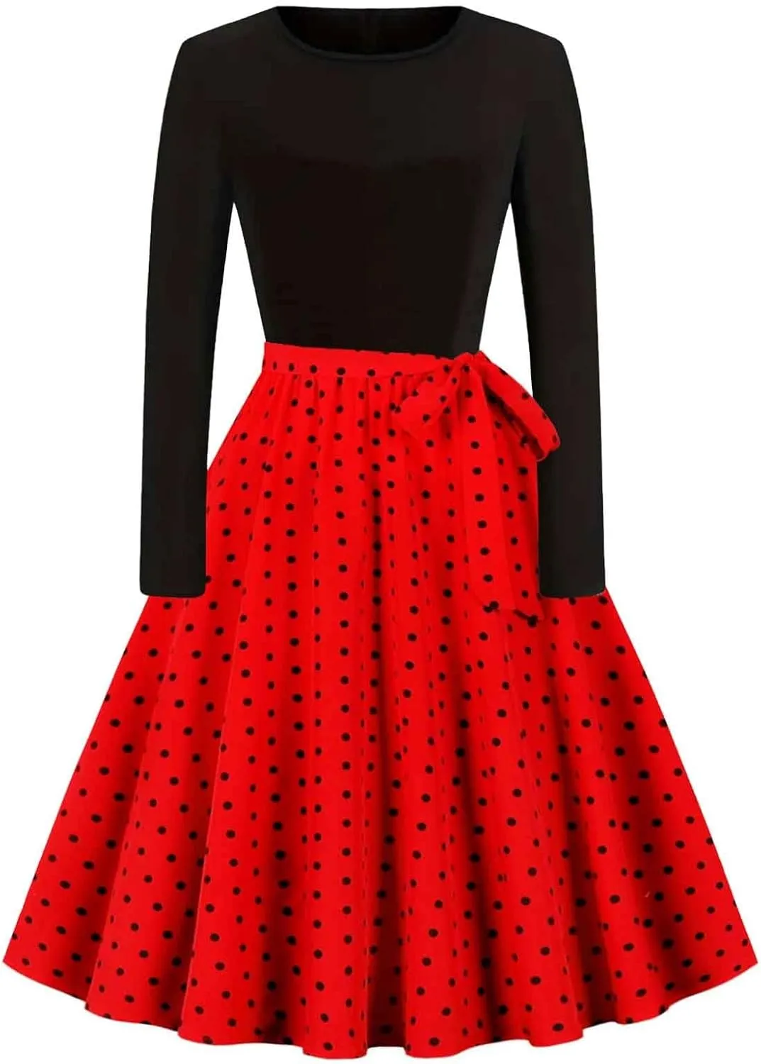 Women Vintage Polka Dot 1950s Audrey Retro Rockabilly Prom Dress Causal Long Sleeve Ruffle Club Party Cocktail Dress