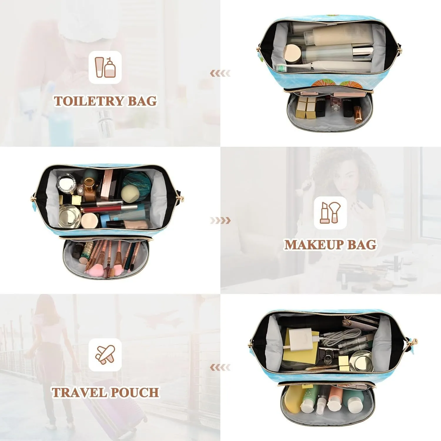 Women Wave Quilt Cosmetic Bag, Zipper Toiletry Storage 10.2x5.9x6.7 in, Pouch Handbag Makeup Case Purse Holder Organizer Print Beach White Sand Colorful Flip Flops Starfishes Blue Sky