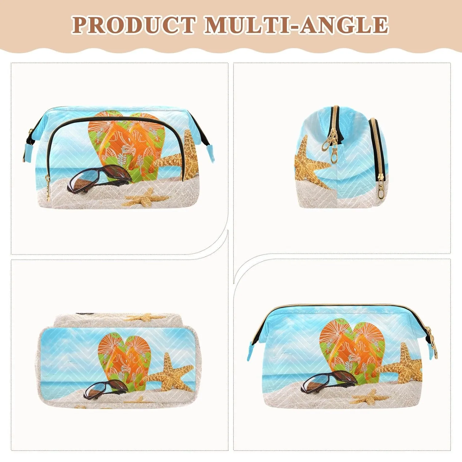 Women Wave Quilt Cosmetic Bag, Zipper Toiletry Storage 10.2x5.9x6.7 in, Pouch Handbag Makeup Case Purse Holder Organizer Print Beach White Sand Colorful Flip Flops Starfishes Blue Sky