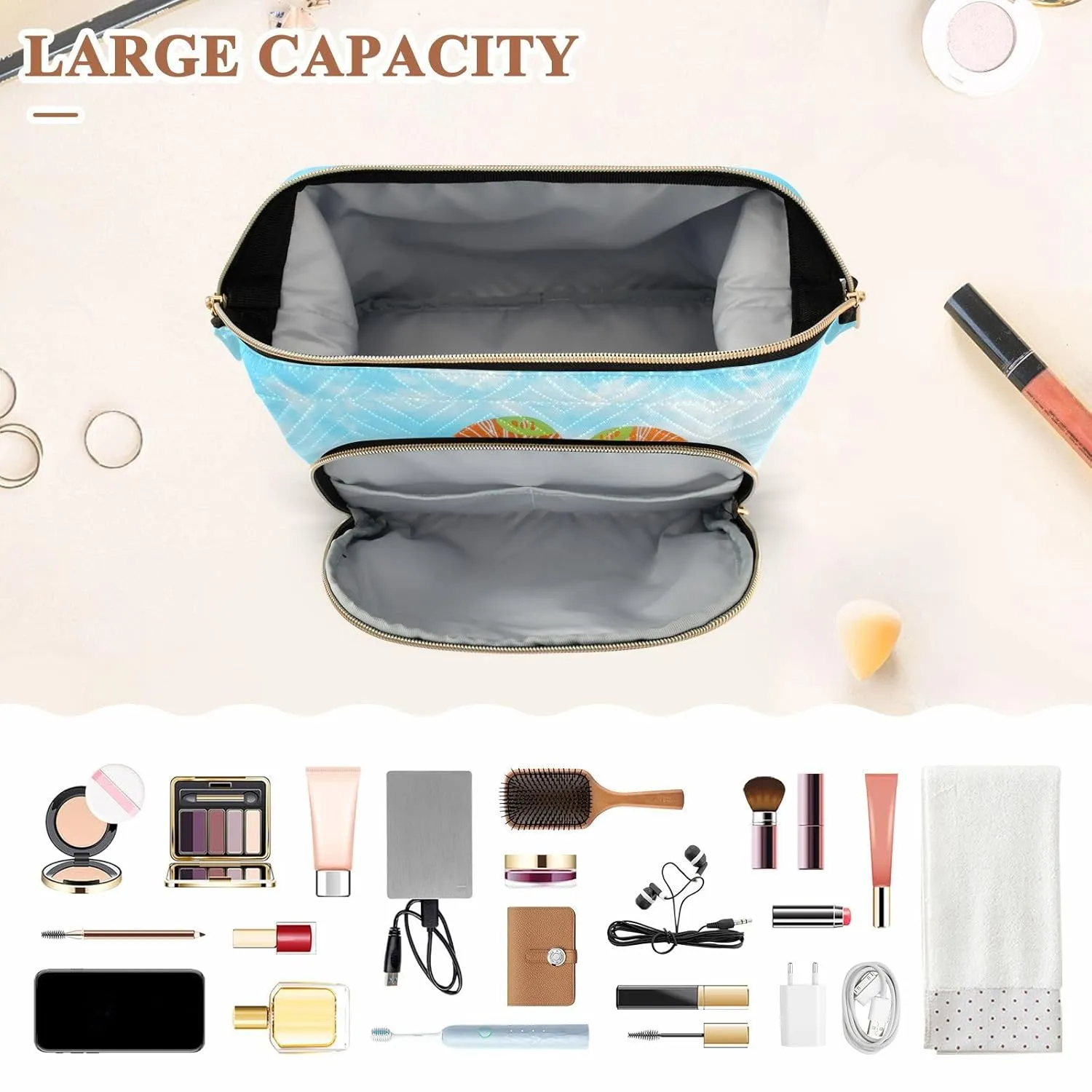 Women Wave Quilt Cosmetic Bag, Zipper Toiletry Storage 10.2x5.9x6.7 in, Pouch Handbag Makeup Case Purse Holder Organizer Print Beach White Sand Colorful Flip Flops Starfishes Blue Sky