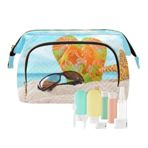 Women Wave Quilt Cosmetic Bag, Zipper Toiletry Storage 10.2x5.9x6.7 in, Pouch Handbag Makeup Case Purse Holder Organizer Print Beach White Sand Colorful Flip Flops Starfishes Blue Sky