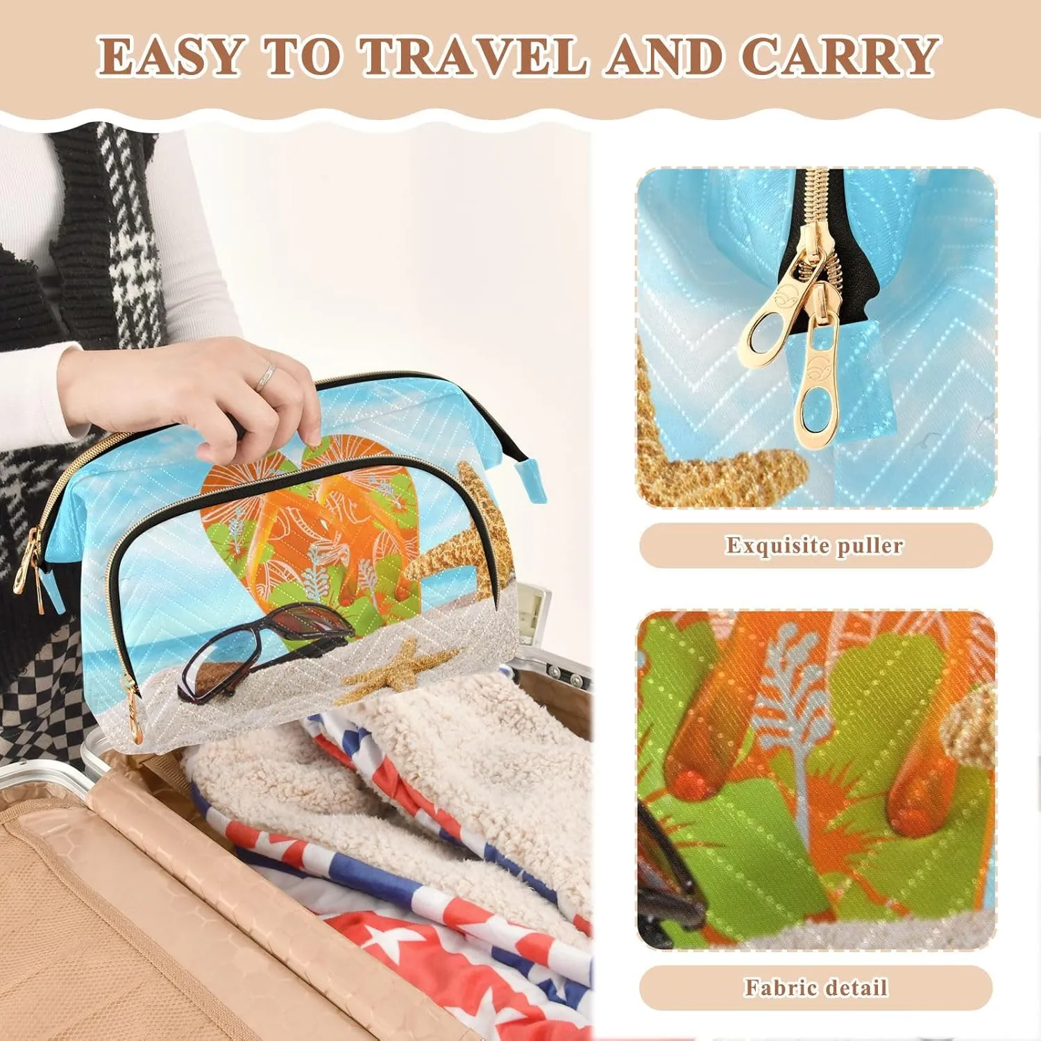 Women Wave Quilt Cosmetic Bag, Zipper Toiletry Storage 10.2x5.9x6.7 in, Pouch Handbag Makeup Case Purse Holder Organizer Print Beach White Sand Colorful Flip Flops Starfishes Blue Sky
