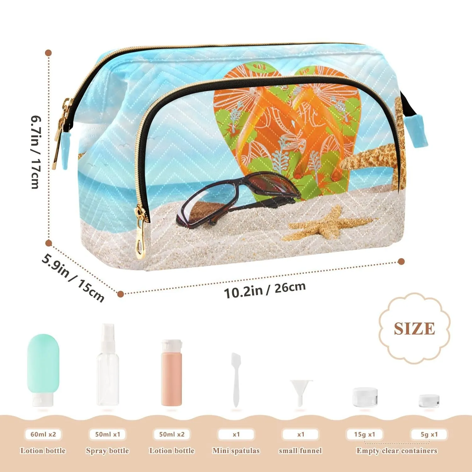 Women Wave Quilt Cosmetic Bag, Zipper Toiletry Storage 10.2x5.9x6.7 in, Pouch Handbag Makeup Case Purse Holder Organizer Print Beach White Sand Colorful Flip Flops Starfishes Blue Sky