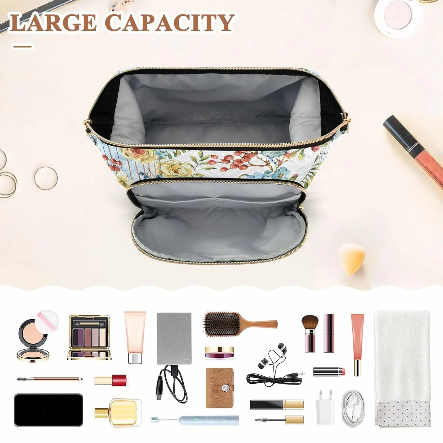 Women Wave Quilt Cosmetic Bag, Zipper Toiletry Storage 10.2x5.9x6.7 in, Pouch Handbag Makeup Case Purse Holder Organizer Print Floral Yellow Flowers Bird Cage Blue Flowers Birds
