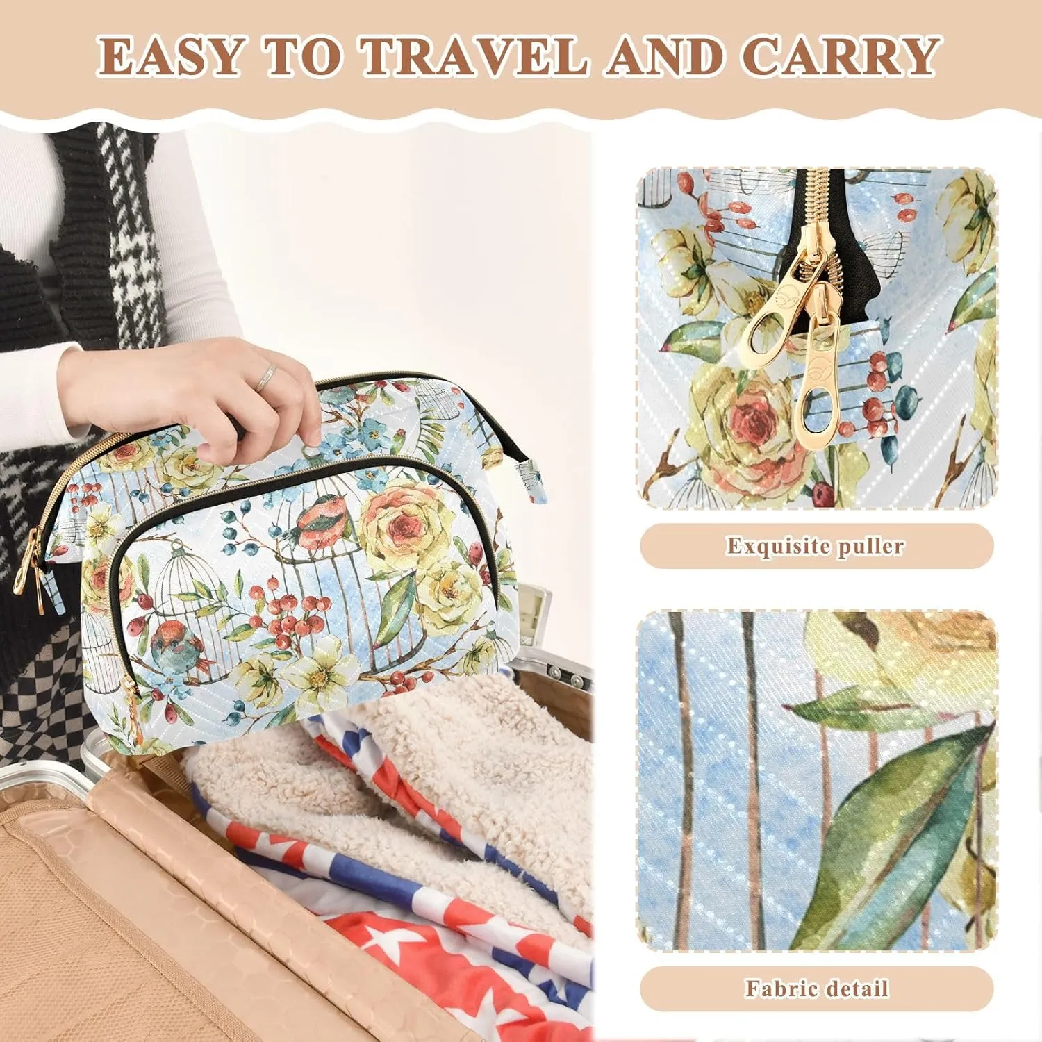 Women Wave Quilt Cosmetic Bag, Zipper Toiletry Storage 10.2x5.9x6.7 in, Pouch Handbag Makeup Case Purse Holder Organizer Print Floral Yellow Flowers Bird Cage Blue Flowers Birds