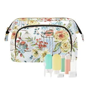 Women Wave Quilt Cosmetic Bag, Zipper Toiletry Storage 10.2x5.9x6.7 in, Pouch Handbag Makeup Case Purse Holder Organizer Print Floral Yellow Flowers Bird Cage Blue Flowers Birds