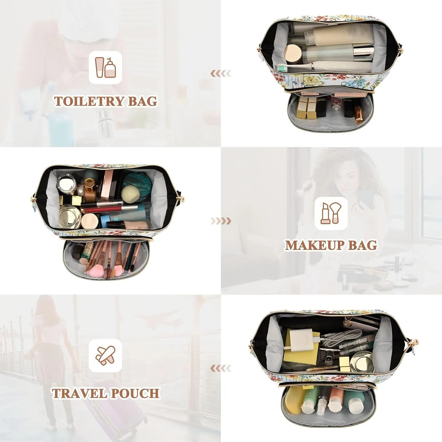 Women Wave Quilt Cosmetic Bag, Zipper Toiletry Storage 10.2x5.9x6.7 in, Pouch Handbag Makeup Case Purse Holder Organizer Print Floral Yellow Flowers Bird Cage Blue Flowers Birds