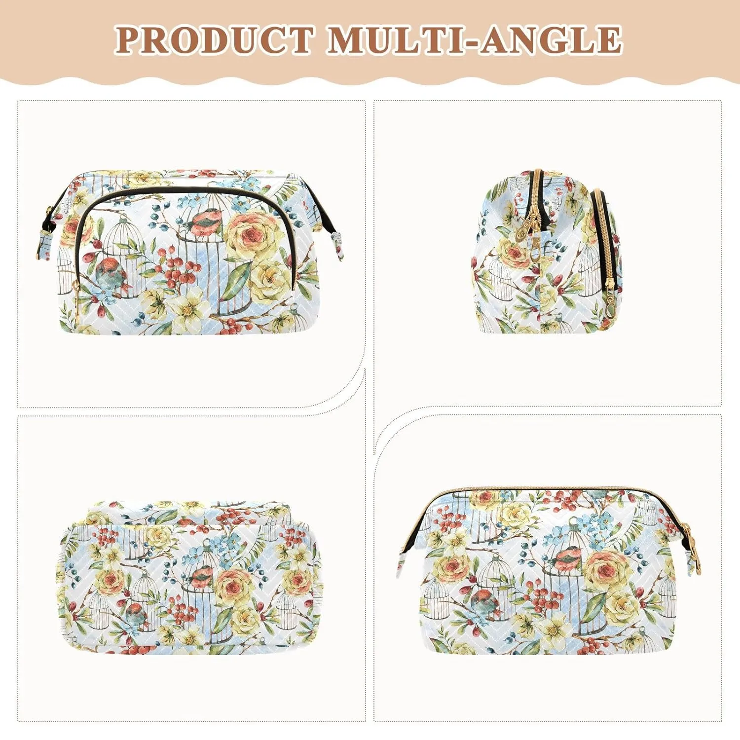 Women Wave Quilt Cosmetic Bag, Zipper Toiletry Storage 10.2x5.9x6.7 in, Pouch Handbag Makeup Case Purse Holder Organizer Print Floral Yellow Flowers Bird Cage Blue Flowers Birds