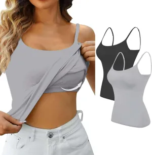 Womens Camisole Tank Tops Built in Bra Cami Top Sexy Spaghetti Strap Camisole Shirts Solid Padded Undershirt 1PC/2PCS
