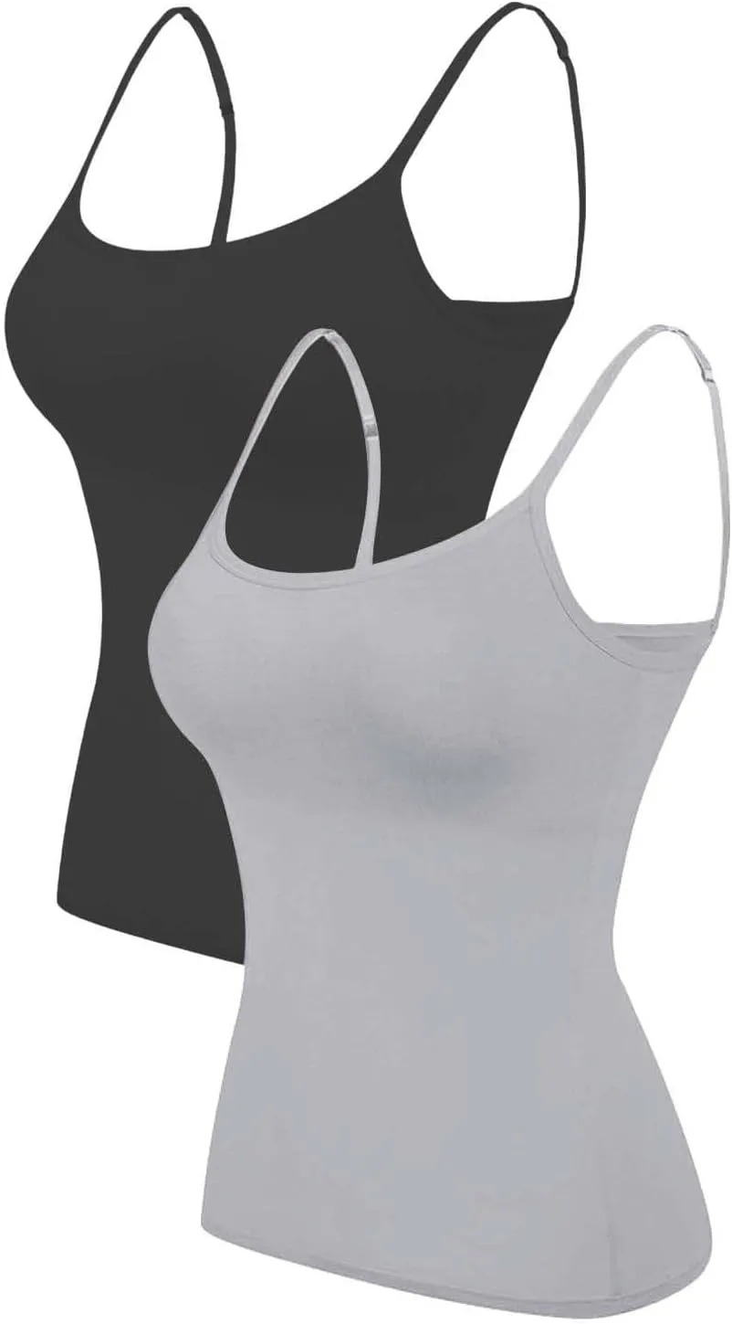 Womens Camisole Tank Tops Built in Bra Cami Top Sexy Spaghetti Strap Camisole Shirts Solid Padded Undershirt 1PC/2PCS