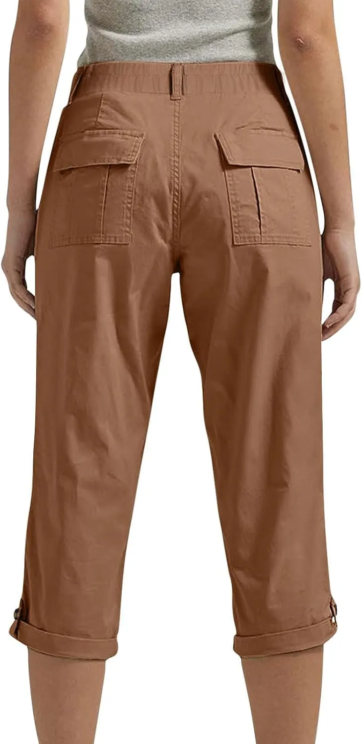 Womens Cargo Capris with Pocket Quick Dry Elastic Waist Hiking Pants Lightweight Casual Travel Running Capri Joggers