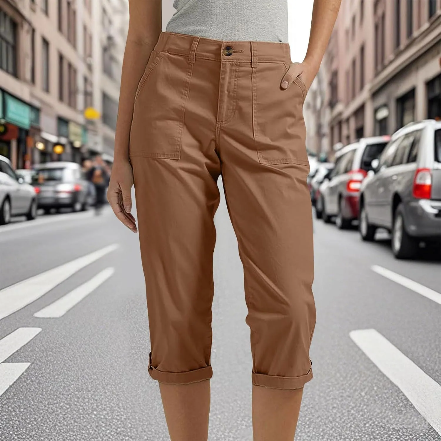 Womens Cargo Capris with Pocket Quick Dry Elastic Waist Hiking Pants Lightweight Casual Travel Running Capri Joggers