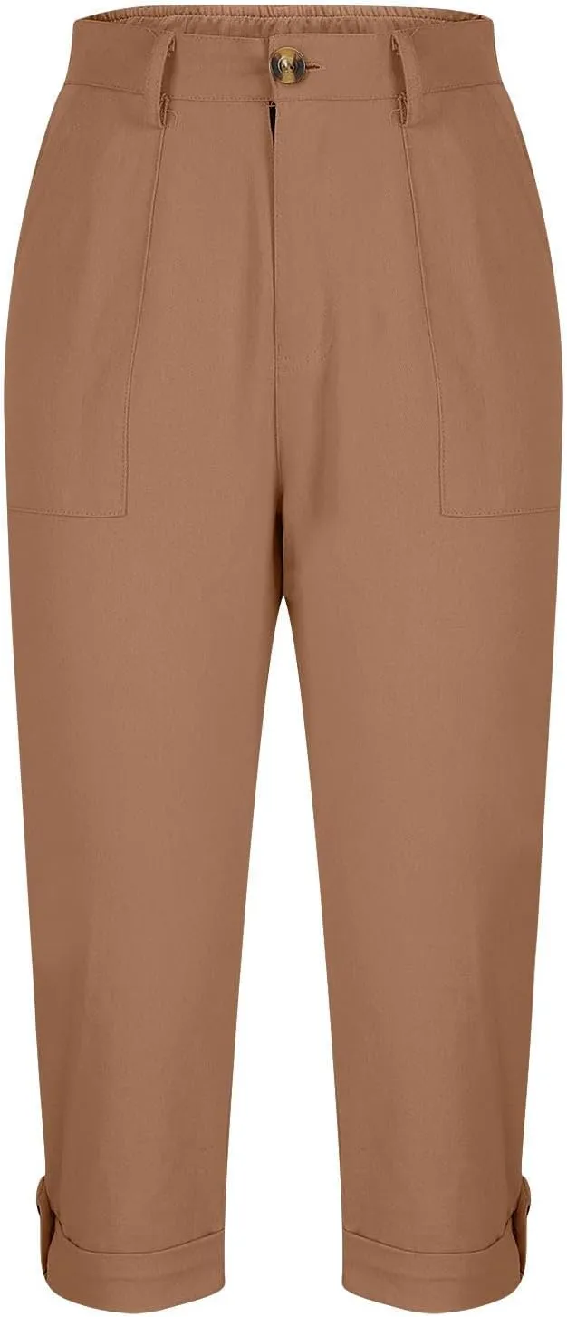 Womens Cargo Capris with Pocket Quick Dry Elastic Waist Hiking Pants Lightweight Casual Travel Running Capri Joggers