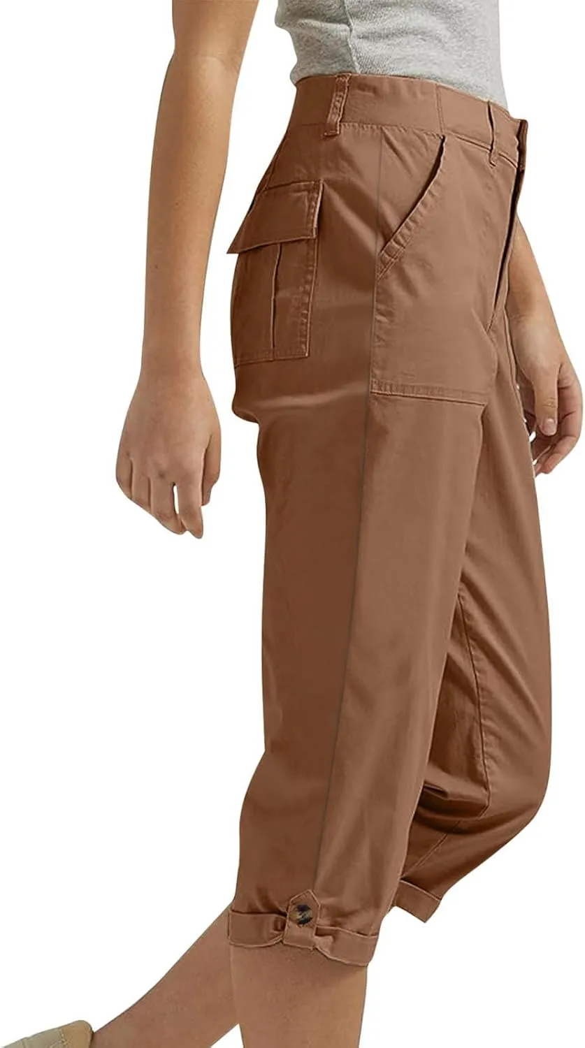 Womens Cargo Capris with Pocket Quick Dry Elastic Waist Hiking Pants Lightweight Casual Travel Running Capri Joggers
