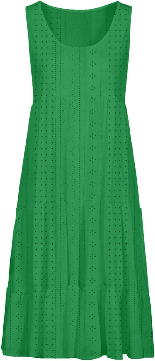 Women's Casual Dresses Casual U Neck Sleeveless Eyelet Summer Dresses Soft Hawaiian Beach Summer Midi Sundresses
