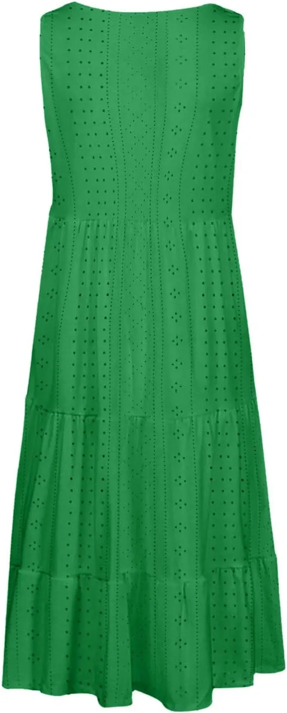 Women's Casual Dresses Casual U Neck Sleeveless Eyelet Summer Dresses Soft Hawaiian Beach Summer Midi Sundresses