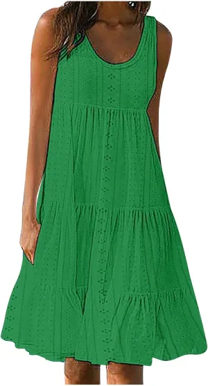 Women's Casual Dresses Casual U Neck Sleeveless Eyelet Summer Dresses Soft Hawaiian Beach Summer Midi Sundresses