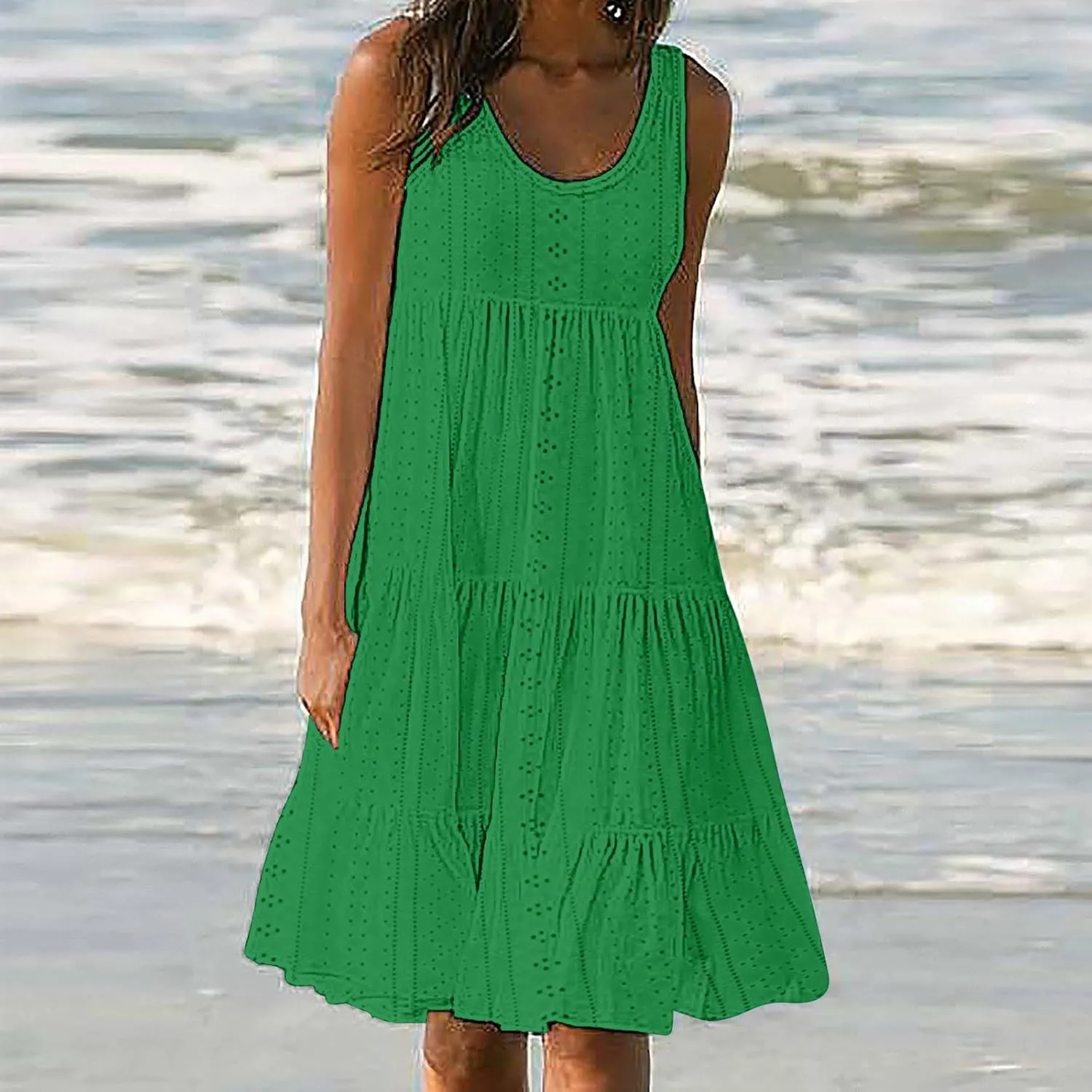 Women's Casual Dresses Casual U Neck Sleeveless Eyelet Summer Dresses Soft Hawaiian Beach Summer Midi Sundresses