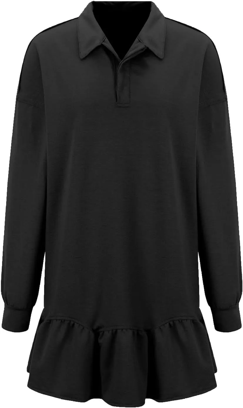 Women's Casual Dresses Plus Size Long Sleeve V Neck Solid Fashion Dress Loose Fit Patchwork Buttons Sweatshirt Dress