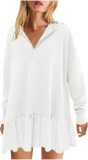 Women's Casual Dresses Plus Size Long Sleeve V Neck Solid Fashion Dress Loose Fit Patchwork Buttons Sweatshirt Dress