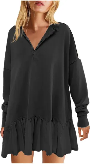 Women's Casual Dresses Plus Size Long Sleeve V Neck Solid Fashion Dress Loose Fit Patchwork Buttons Sweatshirt Dress