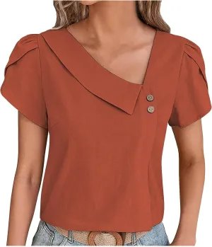 Women's Casual Tops Summer Basic Business Comfy Blouses Petal Short Sleeve V Neck Solid Cute Work Shirts Tunic
