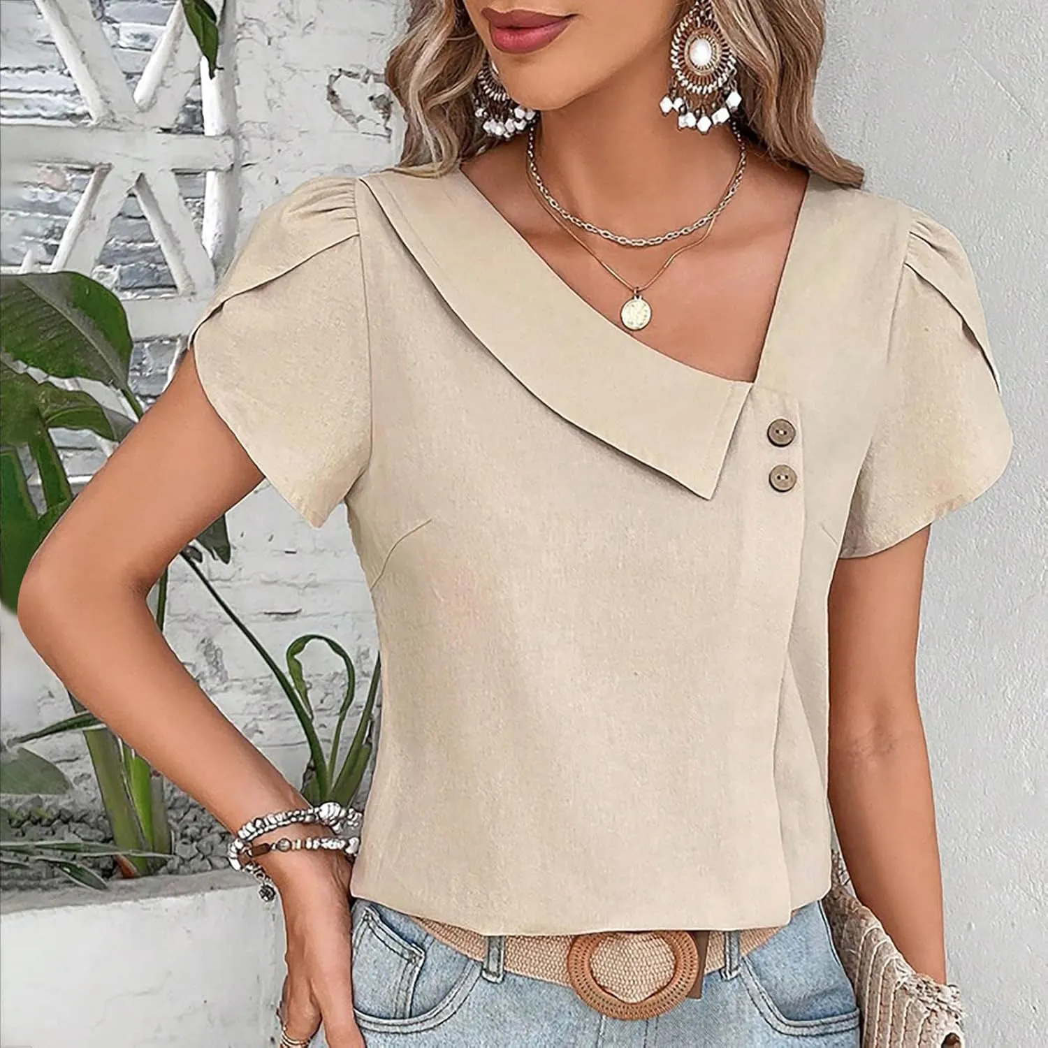 Women's Casual Tops Summer Basic Business Comfy Blouses Petal Short Sleeve V Neck Solid Cute Work Shirts Tunic
