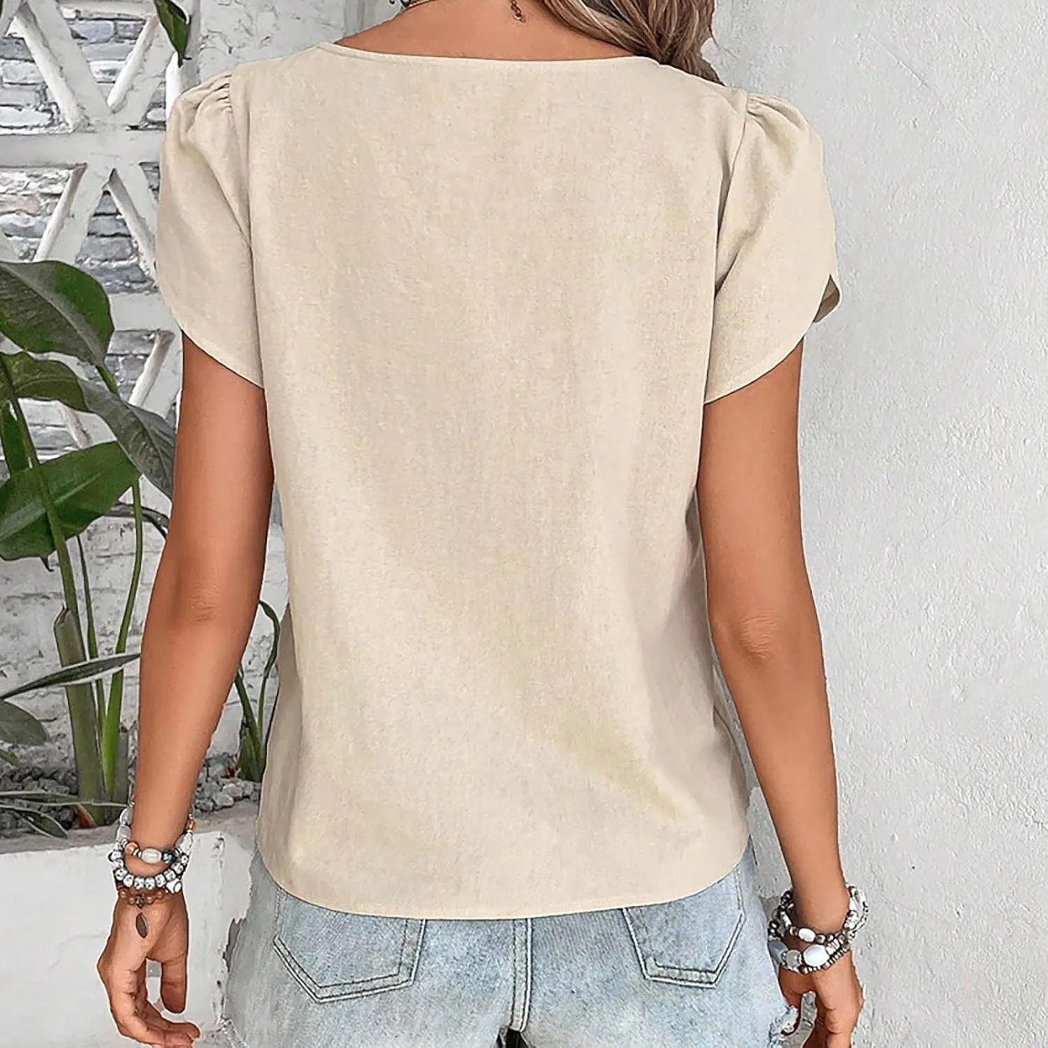 Women's Casual Tops Summer Basic Business Comfy Blouses Petal Short Sleeve V Neck Solid Cute Work Shirts Tunic