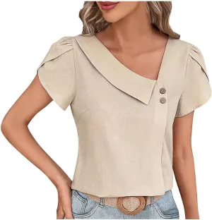 Women's Casual Tops Summer Basic Business Comfy Blouses Petal Short Sleeve V Neck Solid Cute Work Shirts Tunic