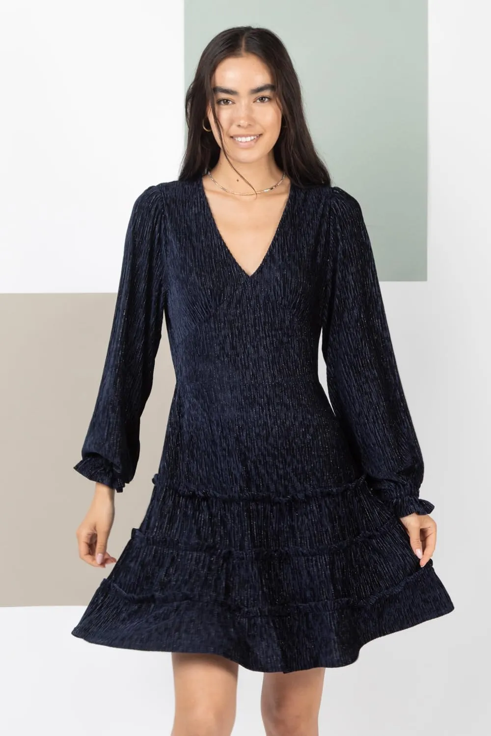 Women’s Deep V-Neck Velvet Holiday Mini Dress Long Sleeve Textured Dress with Ruffled Tiered Layers and Back Zipper