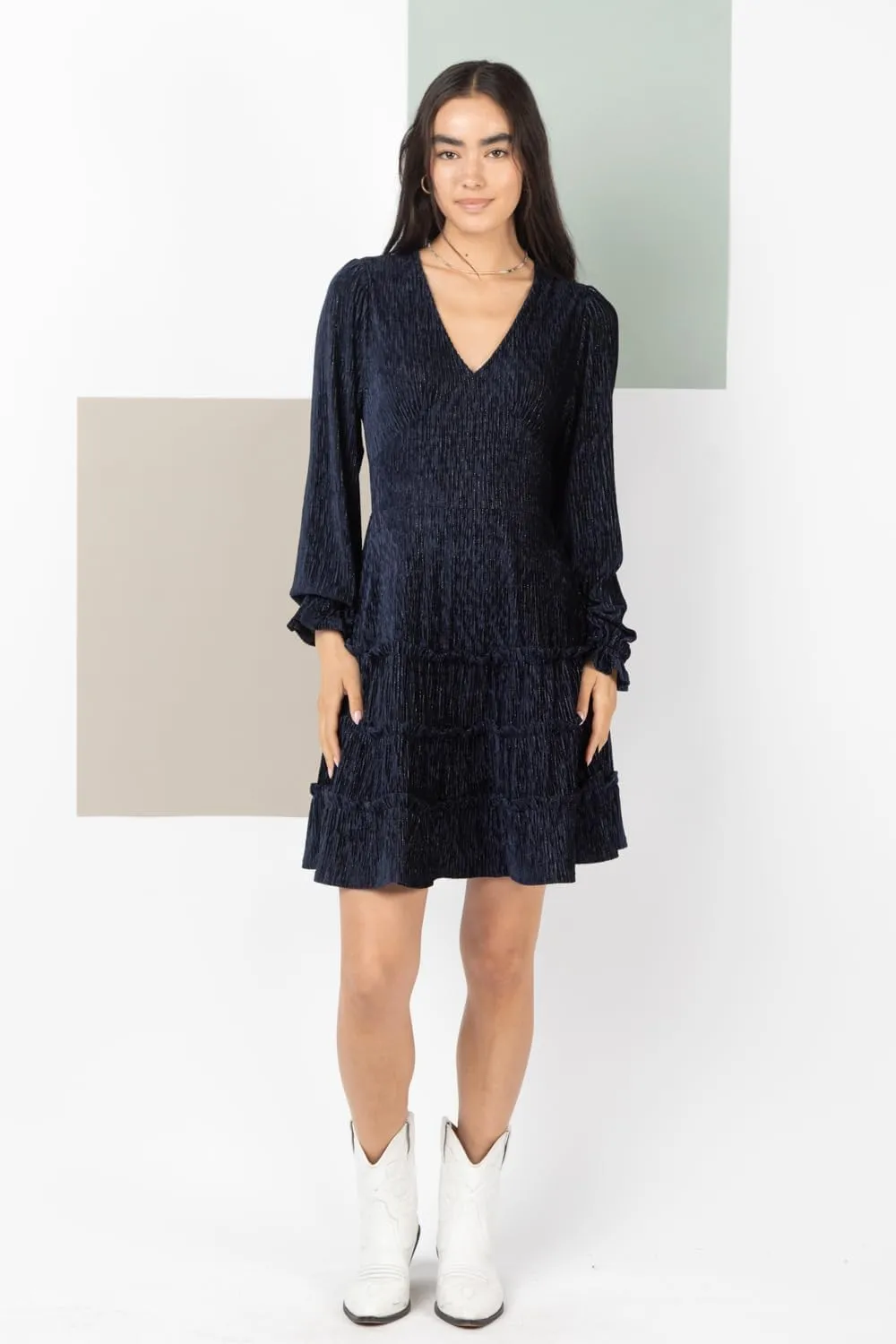 Women’s Deep V-Neck Velvet Holiday Mini Dress Long Sleeve Textured Dress with Ruffled Tiered Layers and Back Zipper