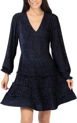 Women’s Deep V-Neck Velvet Holiday Mini Dress Long Sleeve Textured Dress with Ruffled Tiered Layers and Back Zipper