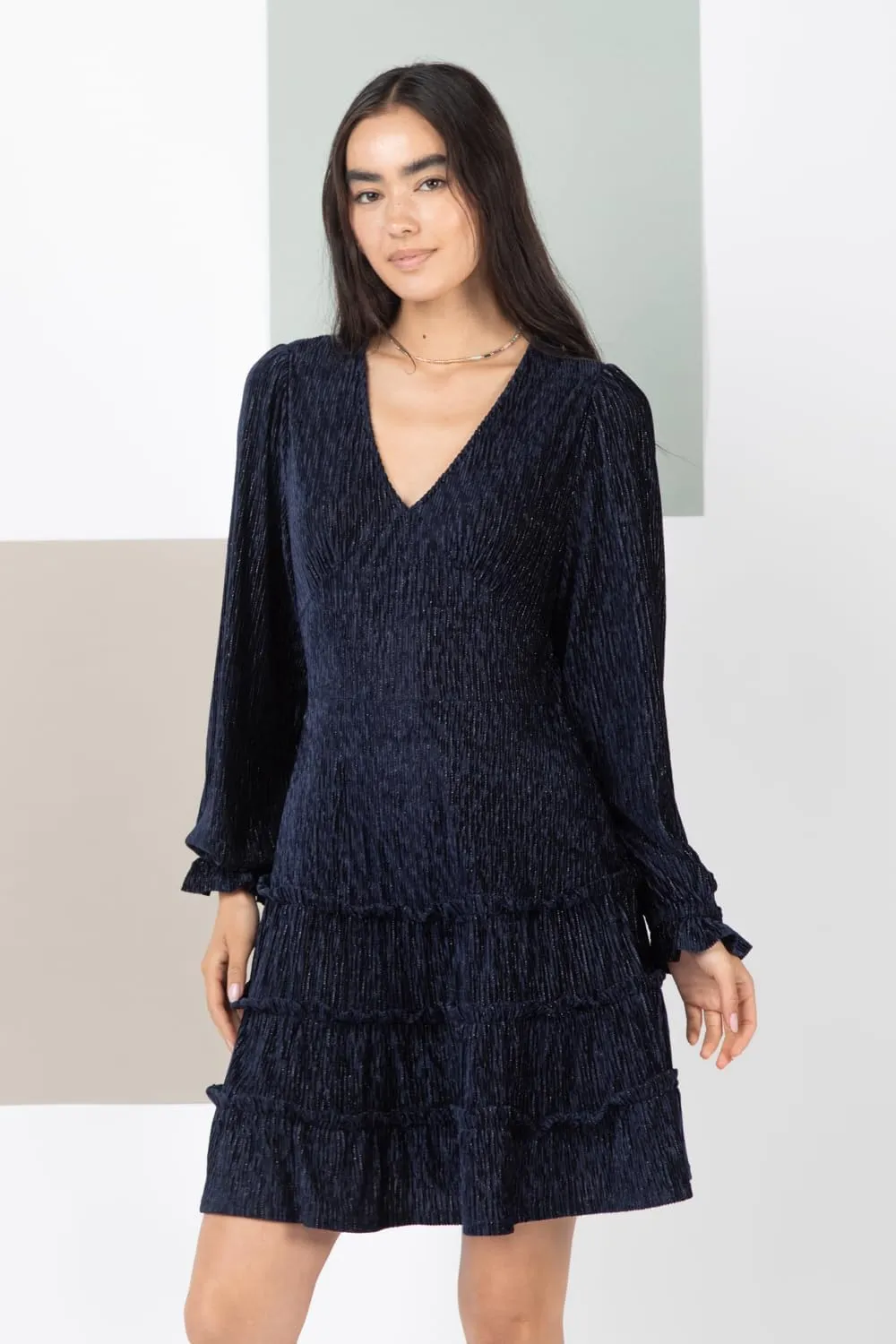 Women’s Deep V-Neck Velvet Holiday Mini Dress Long Sleeve Textured Dress with Ruffled Tiered Layers and Back Zipper