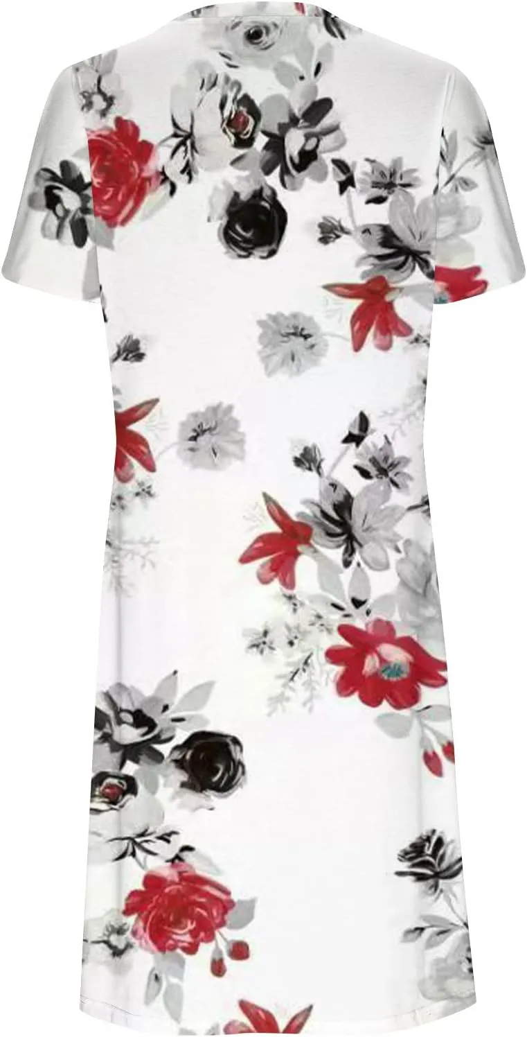Womens Dress Trendy 2024 Floral Printed Pleated Casual Dresses with Cross Pockets Crewneck Short Sleeve Maxi Dresses