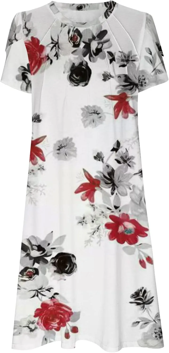 Womens Dress Trendy 2024 Floral Printed Pleated Casual Dresses with Cross Pockets Crewneck Short Sleeve Maxi Dresses