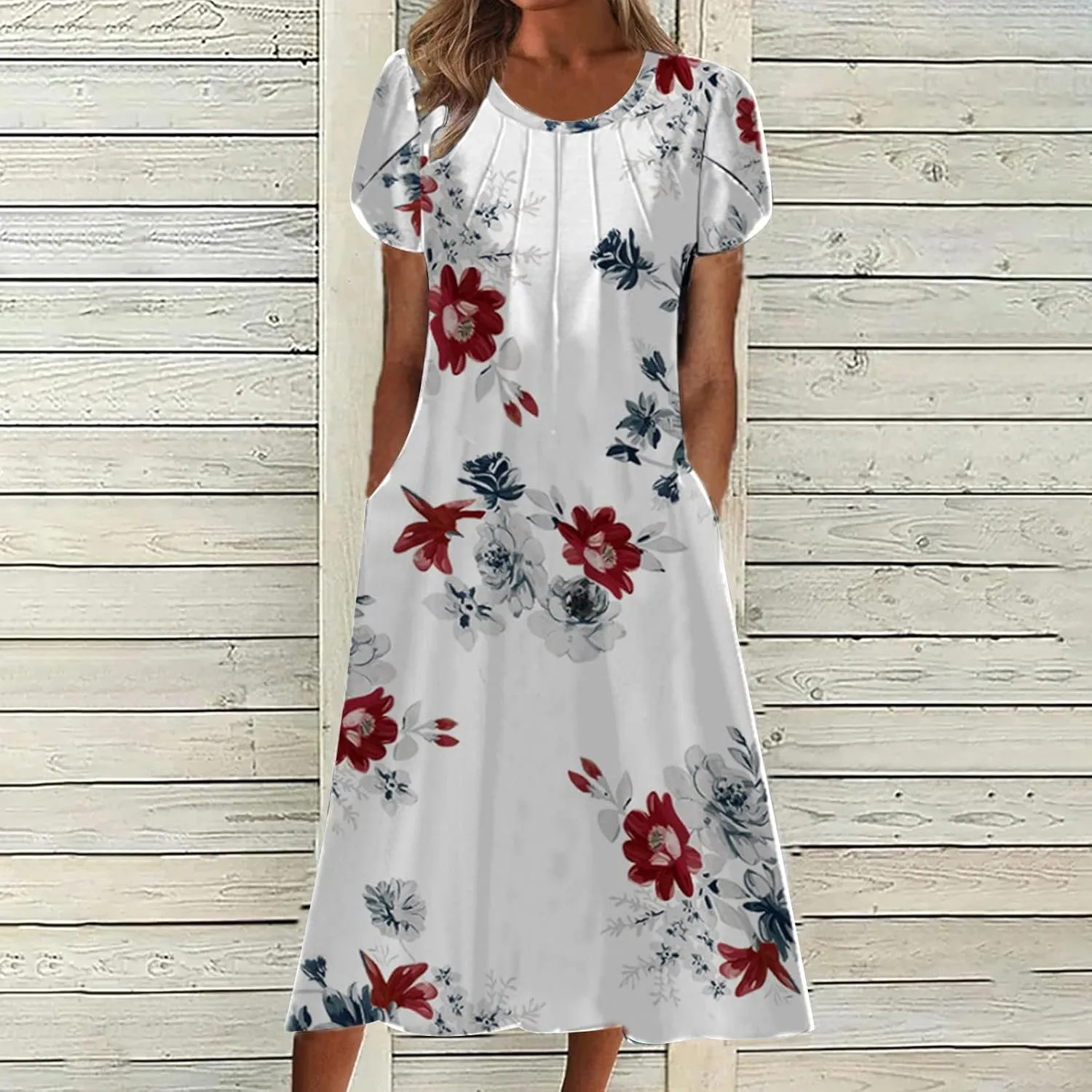 Womens Dress Trendy 2024 Floral Printed Pleated Casual Dresses with Cross Pockets Crewneck Short Sleeve Maxi Dresses