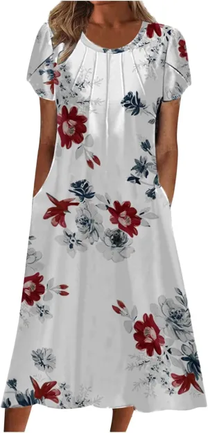 Womens Dress Trendy 2024 Floral Printed Pleated Casual Dresses with Cross Pockets Crewneck Short Sleeve Maxi Dresses