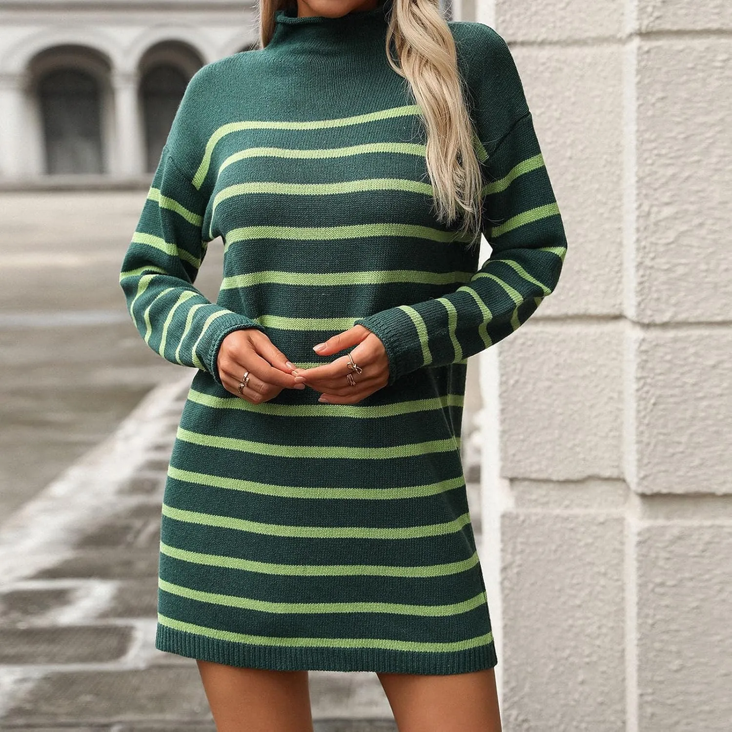 Womens Dresses Fall 2024 Rib Cotton Knit Striped Casual Sweater Dress High Neck Loose Long Sleeve Bodycon Mini Dress