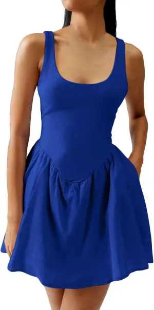 Womens Drop Waist Dress Casual Scoop Neck Backless Mini Tank Dress Summer Vacation Beach Dress Athletic Tennis Dress