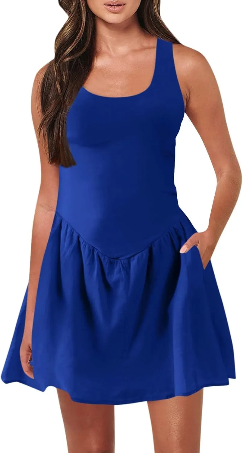 Womens Drop Waist Dress Casual Scoop Neck Backless Mini Tank Dress Summer Vacation Beach Dress Athletic Tennis Dress