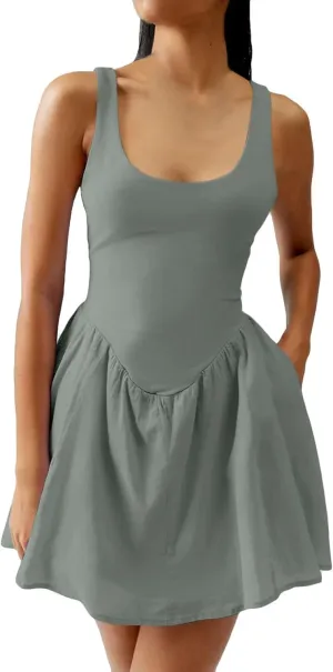 Womens Drop Waist Dress Casual Scoop Neck Backless Mini Tank Dress Summer Vacation Beach Dress Athletic Tennis Dress
