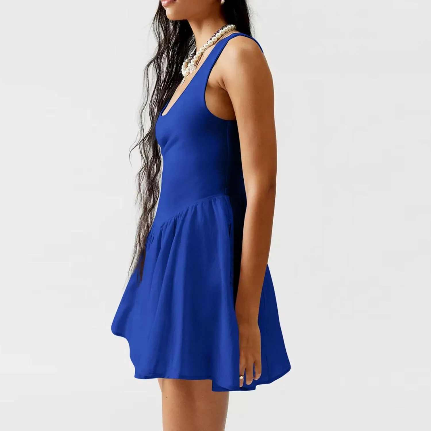 Womens Drop Waist Dress Casual Scoop Neck Backless Mini Tank Dress Summer Vacation Beach Dress Athletic Tennis Dress