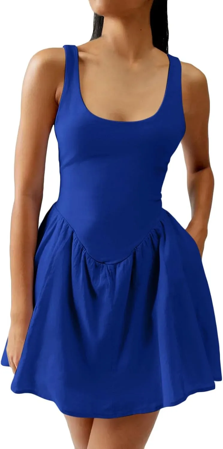 Womens Drop Waist Dress Casual Scoop Neck Backless Mini Tank Dress Summer Vacation Beach Dress Athletic Tennis Dress