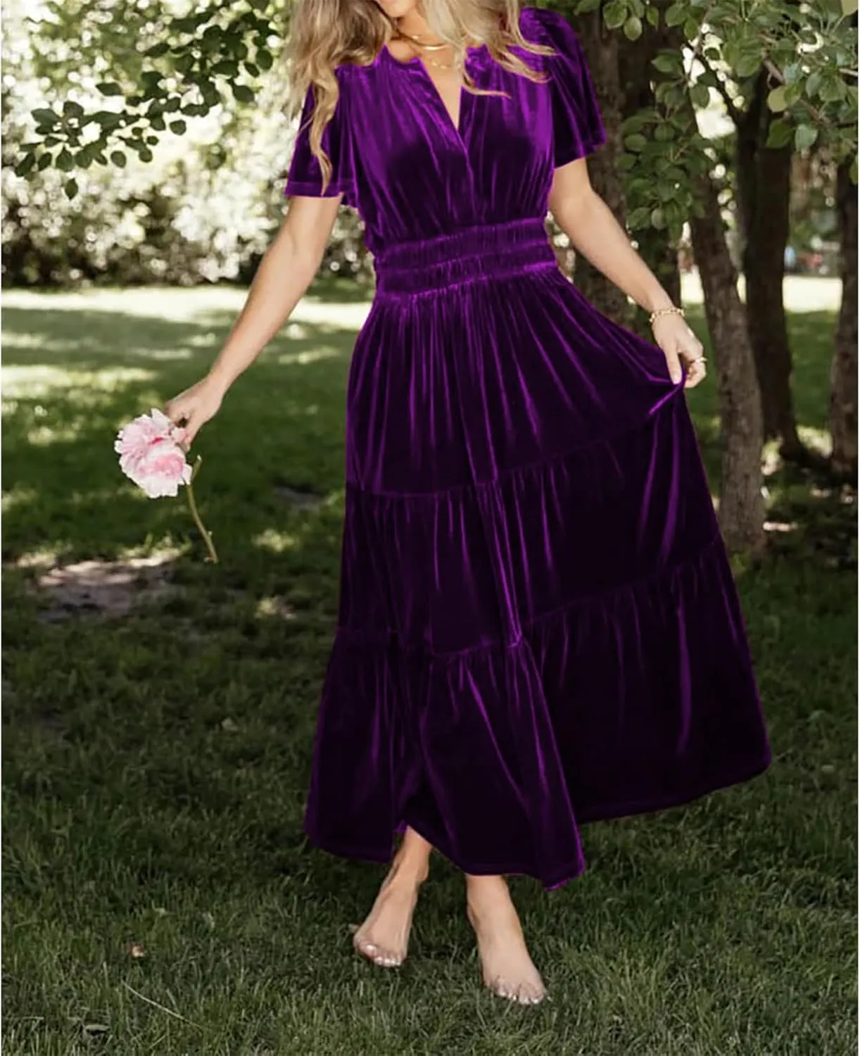 Women's Fall Winter Vintage Velvet Dress Short Sleeve V Neck Elastic Waist Tiered Ruffle A-Line Flowy Maxi Dress 2024