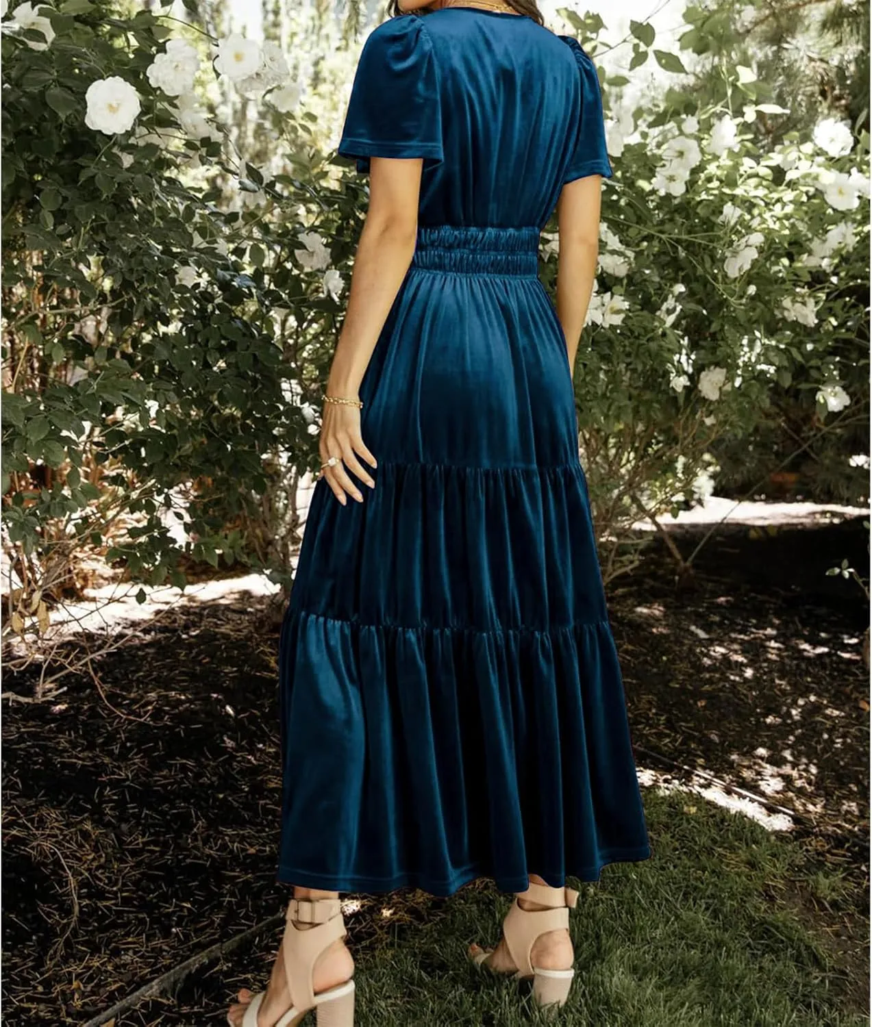 Women's Fall Winter Vintage Velvet Dress Short Sleeve V Neck Elastic Waist Tiered Ruffle A-Line Flowy Maxi Dress 2024