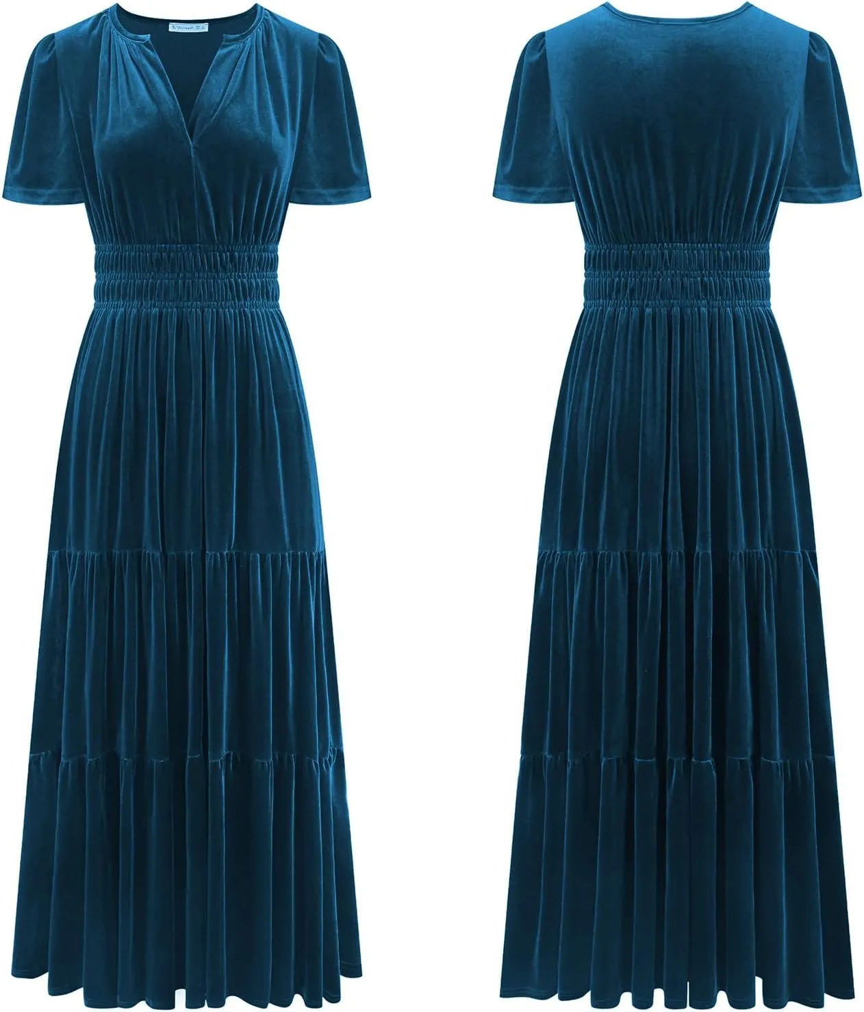 Women's Fall Winter Vintage Velvet Dress Short Sleeve V Neck Elastic Waist Tiered Ruffle A-Line Flowy Maxi Dress 2024